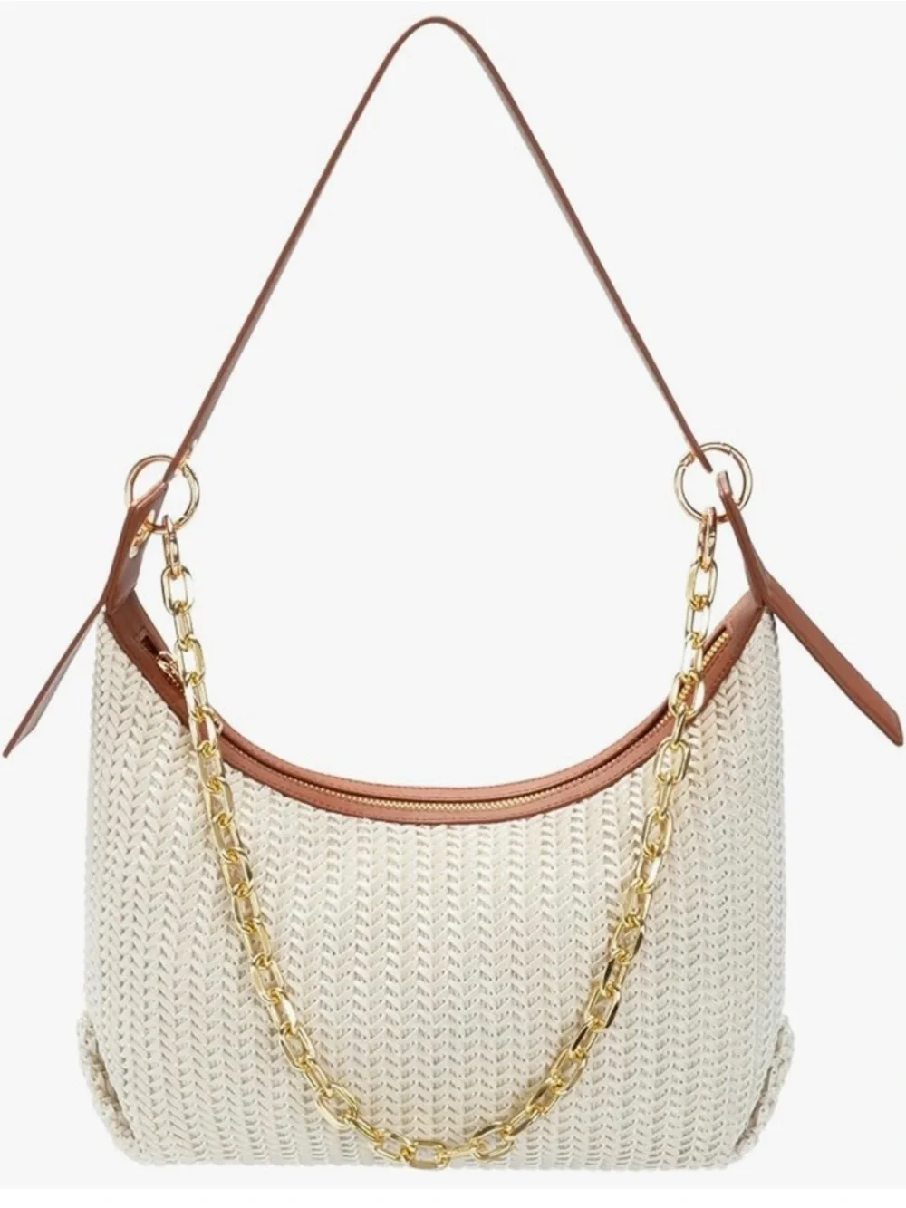 Woven Cream Hobo Bag with Brown Trim and Gold Chain